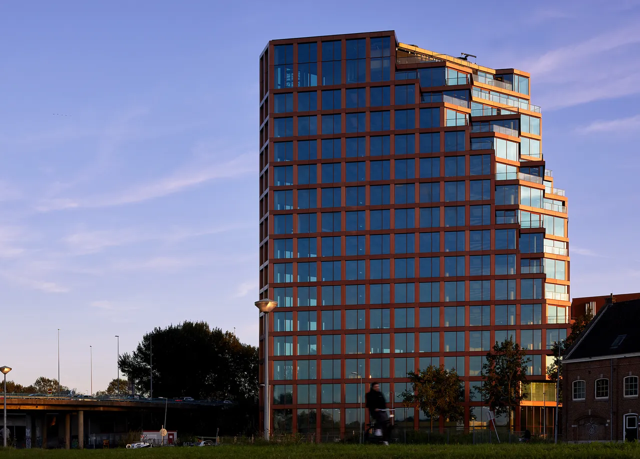 Orato Offices at dusk, seen from the park